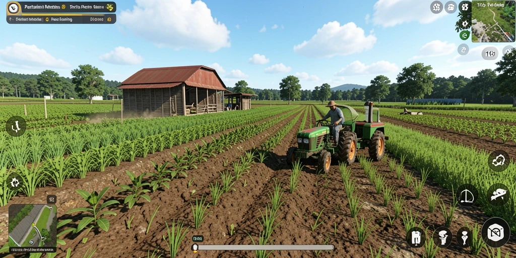 Screenshot gameplay 116X menampilkan lahan pertanian yang subur dan interaktif.