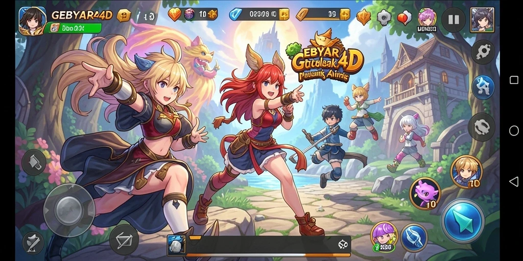 Screenshot GEBYAR4D memperlihatkan pertarungan seru dengan karakter anime.