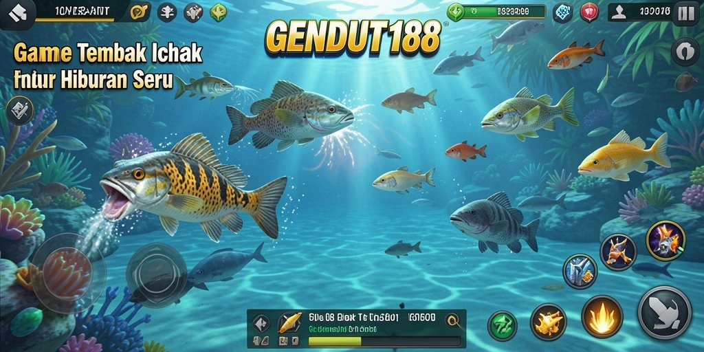 Tampilan gameplay GENDUT188 saat menembak ikan di bawah laut.