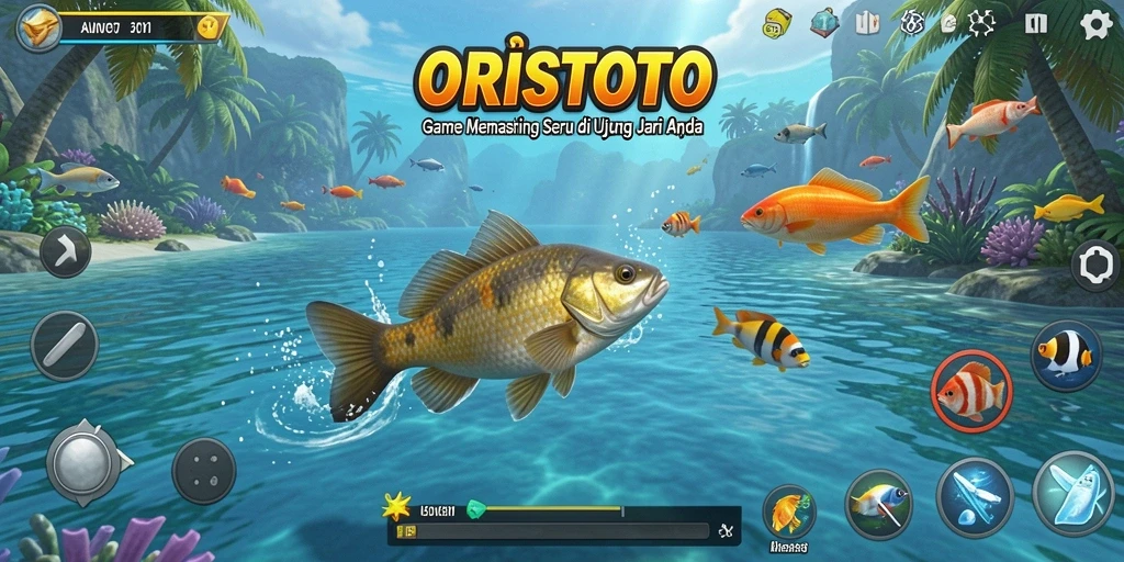 Screenshot gameplay ORISTOTO menampilkan aksi memancing yang mendebarkan dan indah.
