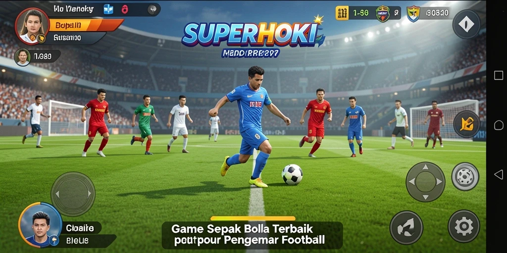 Screenshot SUPERHOKI menampilkan aksi seru di lapangan sepak bola.