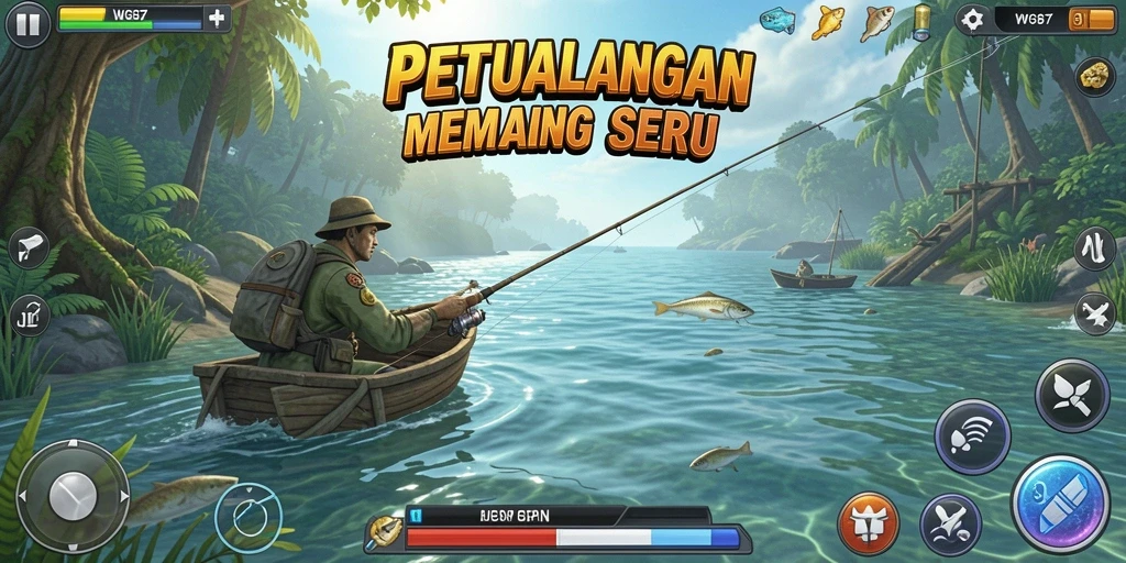 Screenshot gameplay <strong>WG87</strong> yang menunjukkan aksi memancing yang seru.